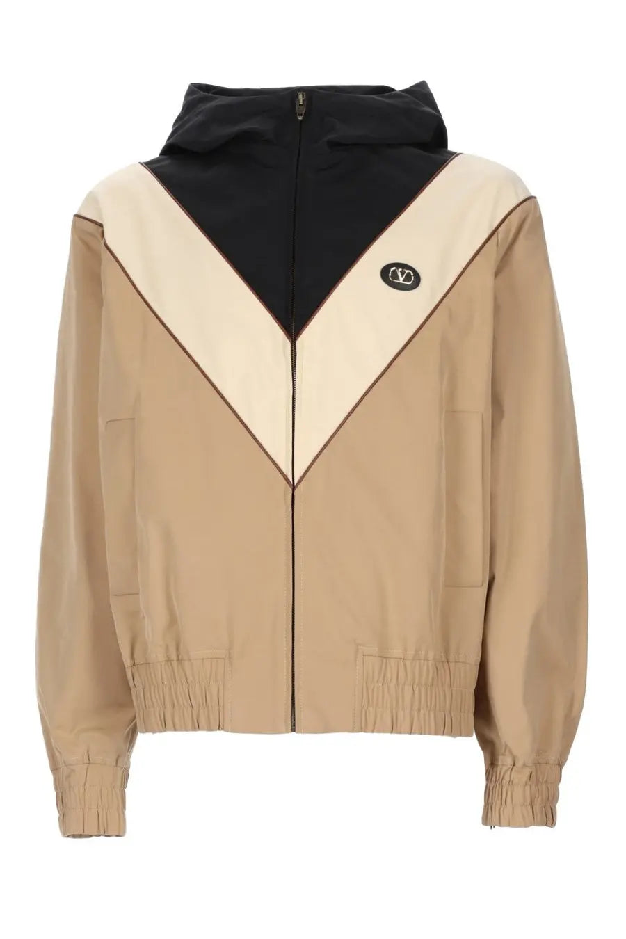 Valentino men’s giacca vlogo signature beige hooded jacket with v-shaped beige and black color block and logo patch on chest
