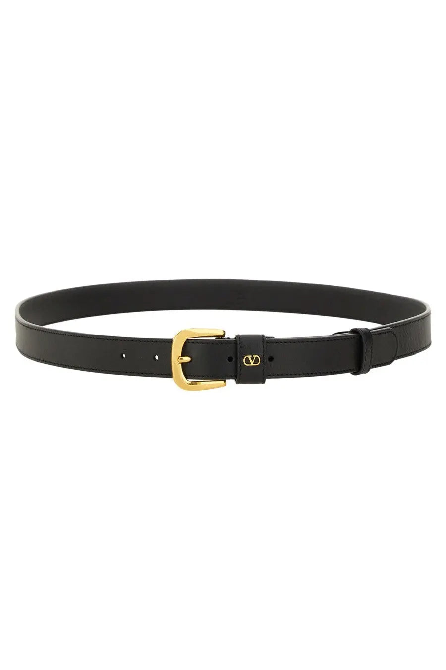 Black leather valentino men’s glossy calfskin vl logo signature belt with gold-tone buckle and embossed logo tab