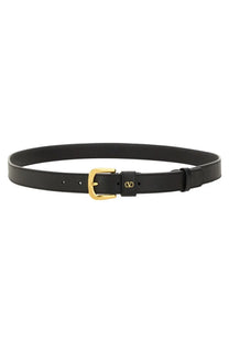 Black leather valentino men’s glossy calfskin vl logo signature belt with gold-tone buckle and embossed logo tab