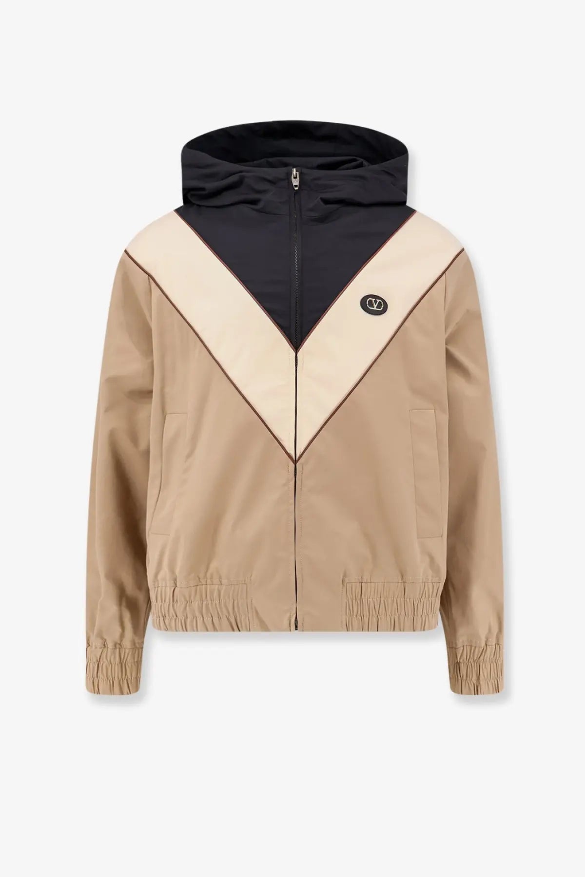 Valentino men’s black hooded jacket with beige v-shaped color block design and elastic cuffs and hem