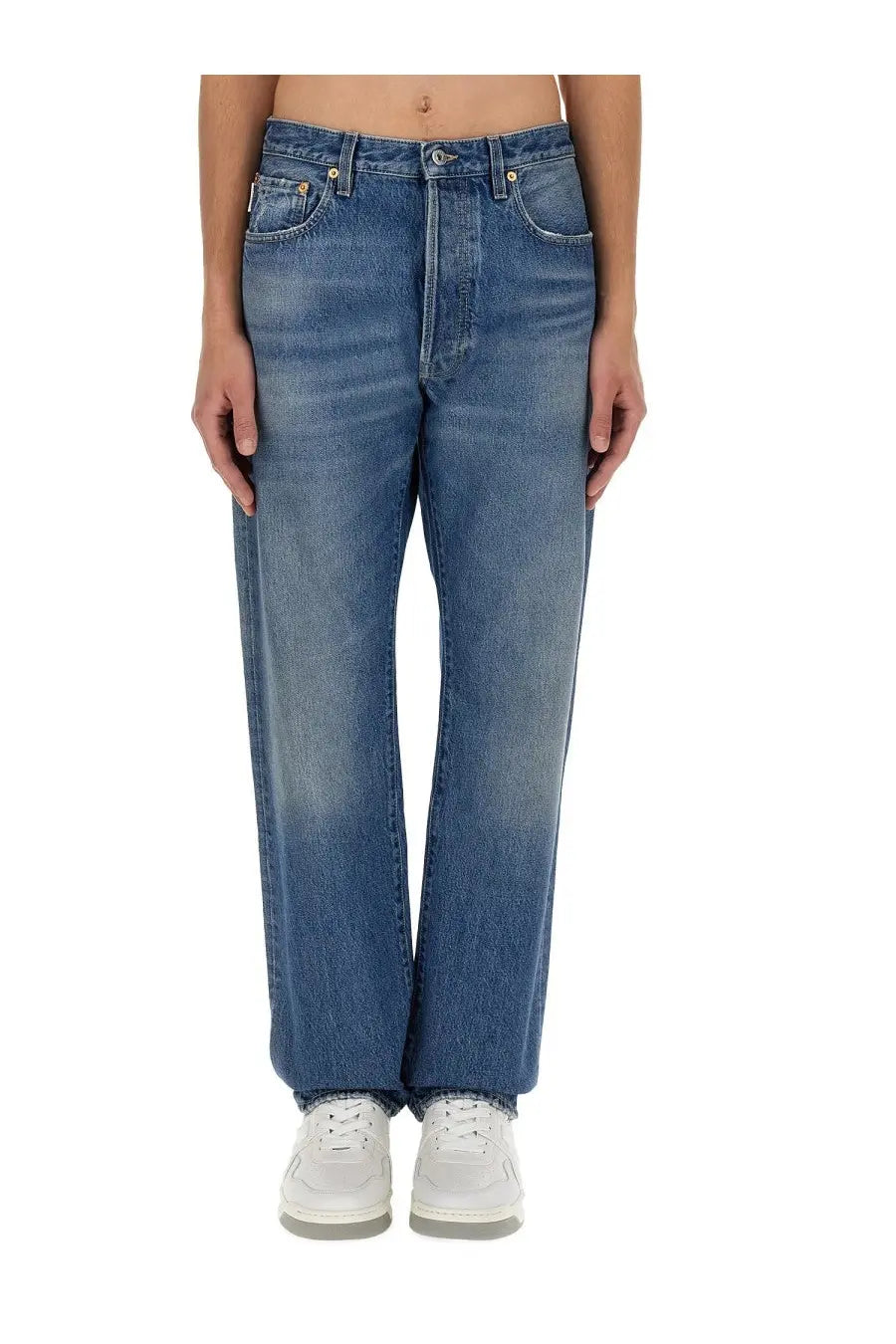 Valentino men’s medium-wash blue denim jeans with straight-leg cut and classic five-pocket design