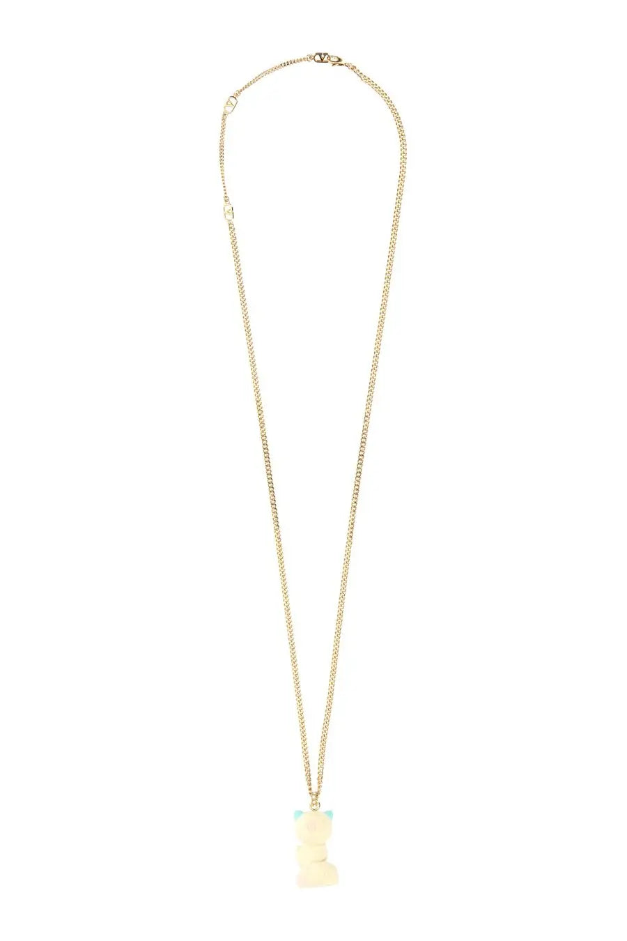 Valentino men’s le chat de la maison necklace with delicate gold-toned chain and translucent off-white bear pendant with blue accents