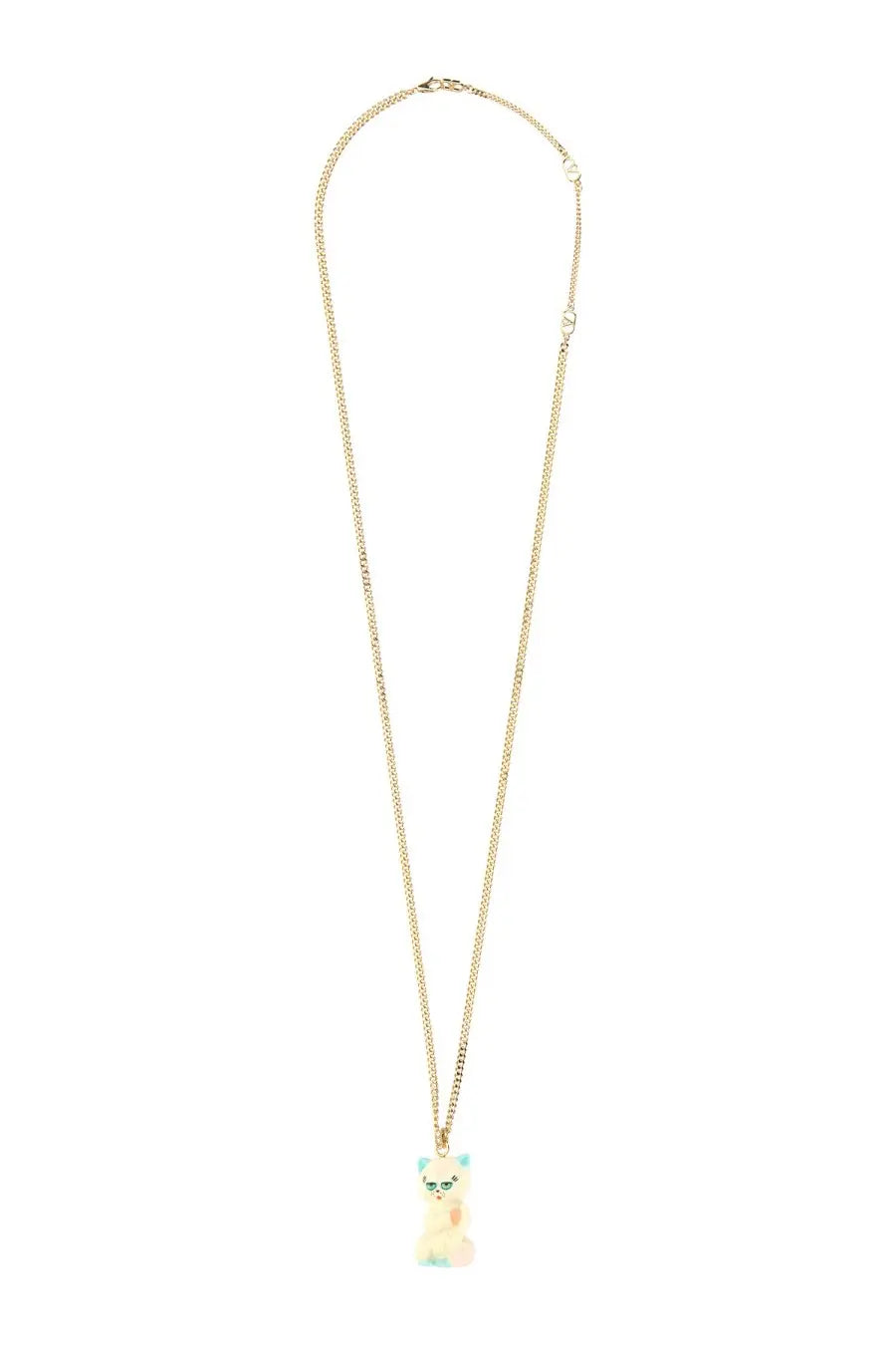 Valentino men’s LE Chat DE LA Maison necklace with a delicate gold chain and pastel cat pendant with green eyes and pink accents