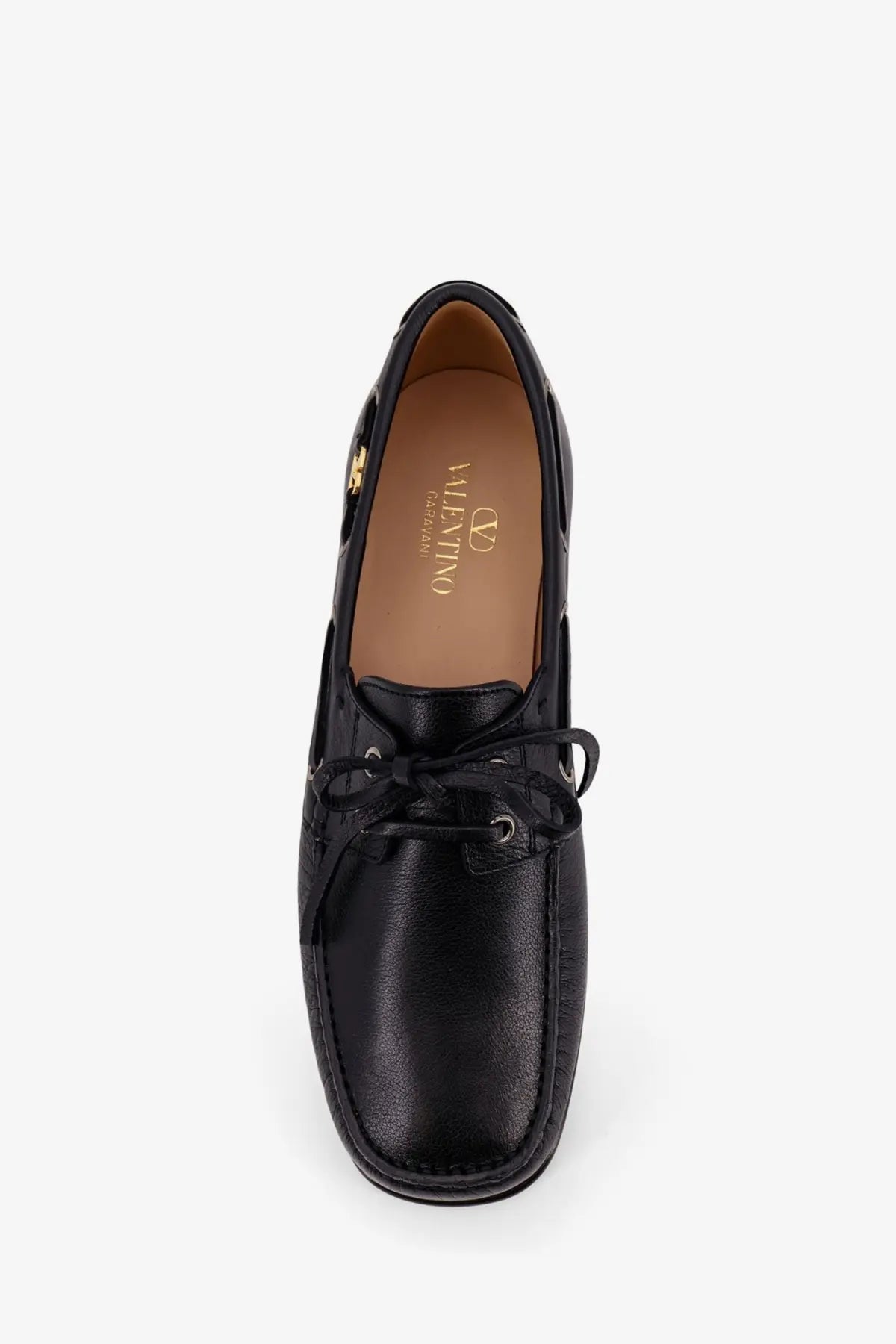 Black leather Valentino men’s boat shoe with polished finish and classic lace-up design for stylish wear