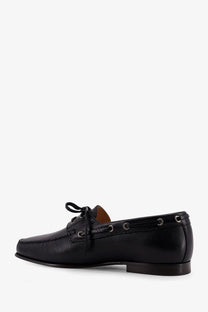 Valentino men’s black leather boat shoe with lace-up front and silver eyelets for casual wear