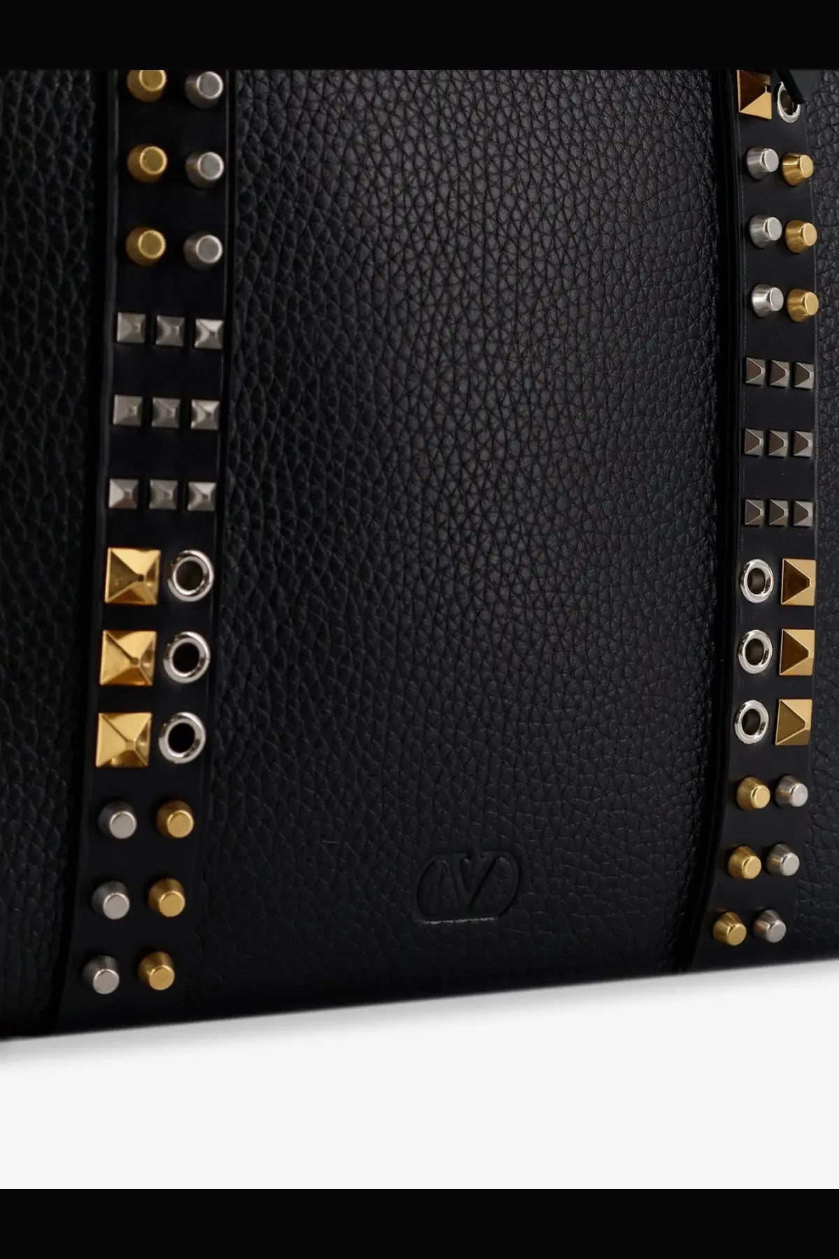 Valentino men’s black leather shoulder bag with gold and silver toned studs in vertical rows along sides