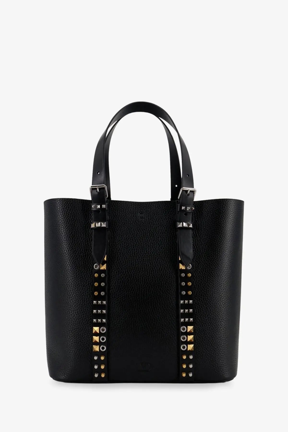 Valentino men’s black pebbled leather tote bag with gold and silver toned studs along front straps