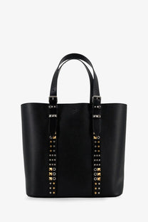 Valentino men’s black pebbled leather tote bag with gold and silver toned studs along the sides