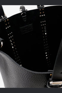 Valentino men’s black leather bucket bag with silver and gold-toned studs on textured straps