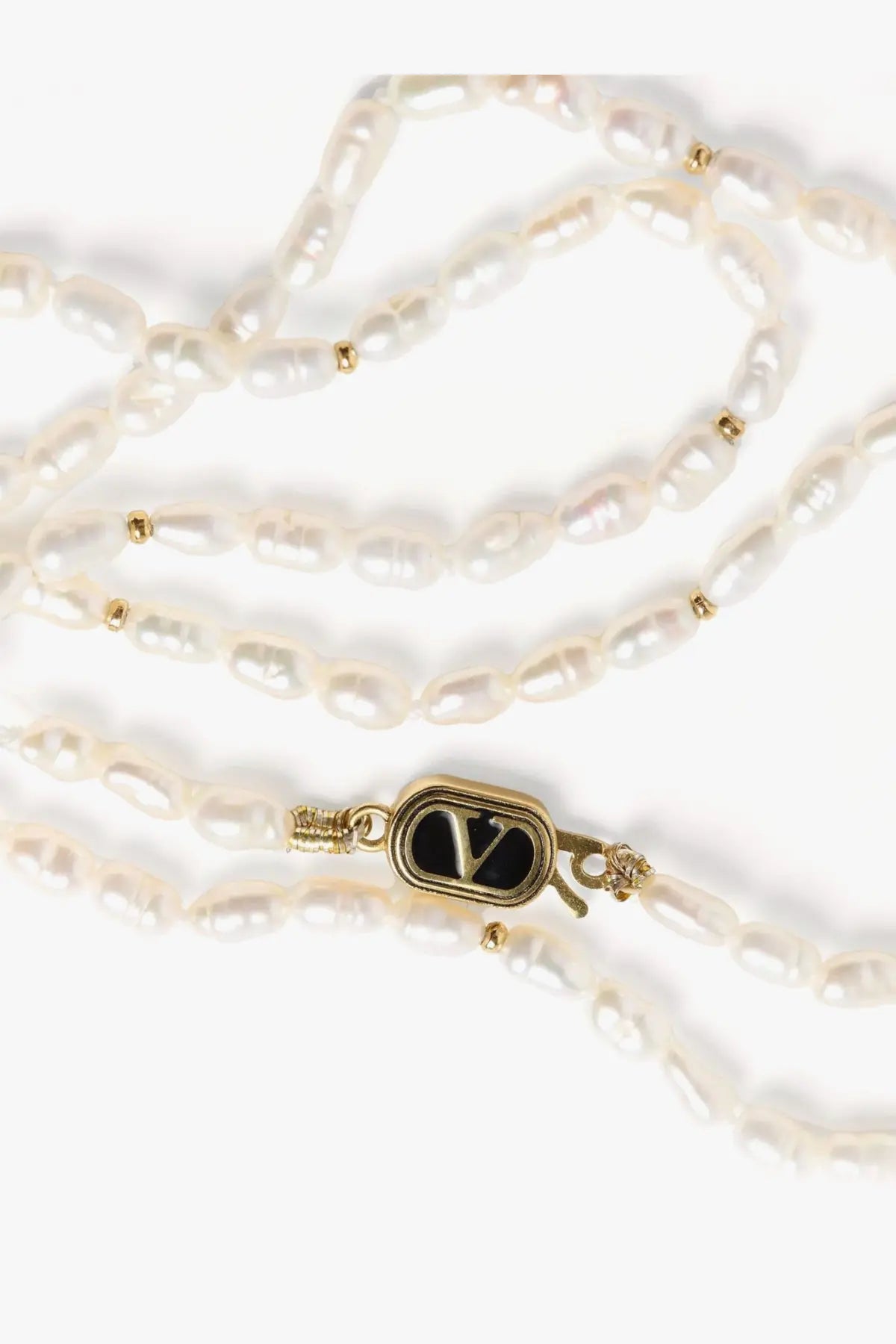Valentino men’s metal necklace white featuring a delicate white freshwater pearl strand and gold-toned clasp with embossed black v logo