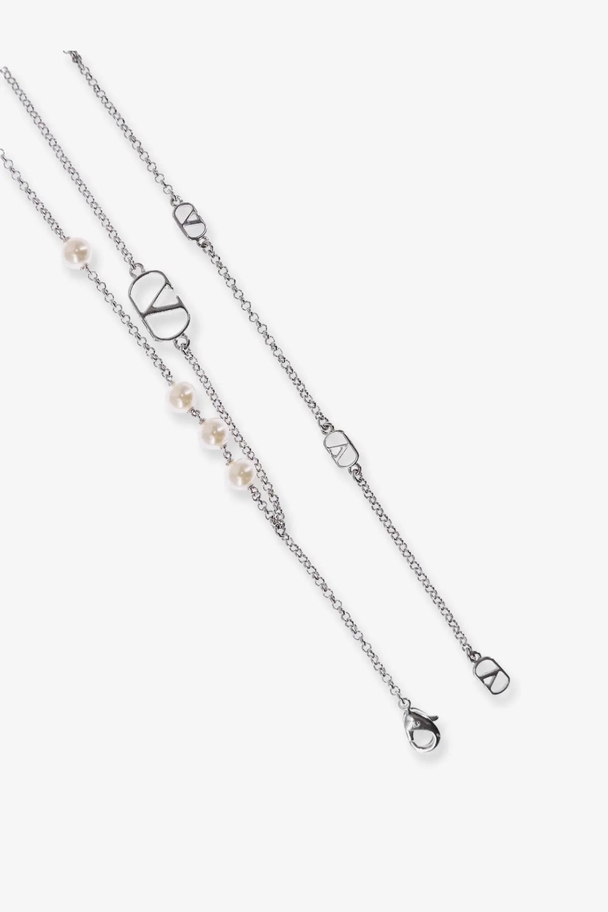 Valentino men’s silver metal chain necklace with pearl accents and distinctive v-logo clasp elegant design