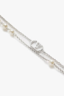 Valentino men’s silver metal and pearls vlogo signature necklace with central open v-shaped logo charm and freshwater pearls