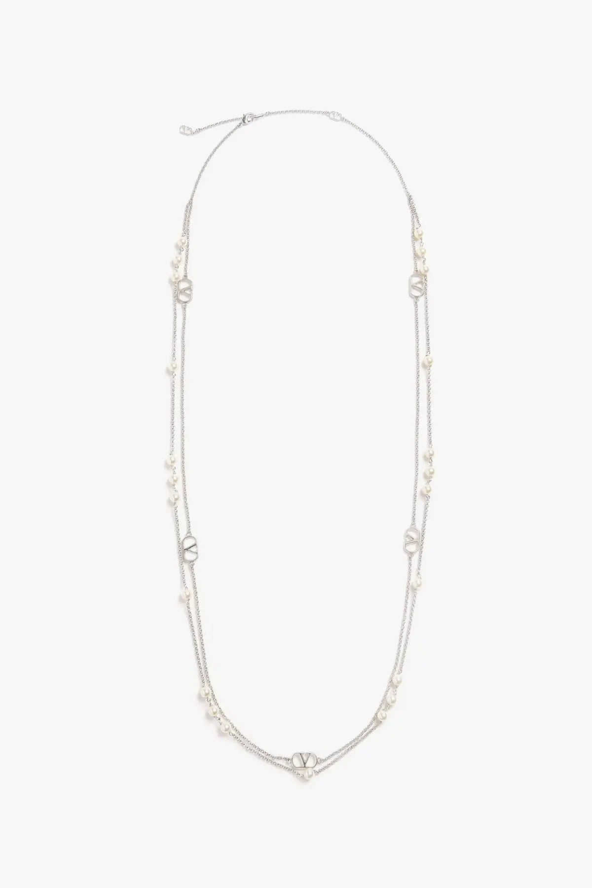 Valentino men’s silver metal and pearls vlogo signature necklace with double strands and freshwater pearls