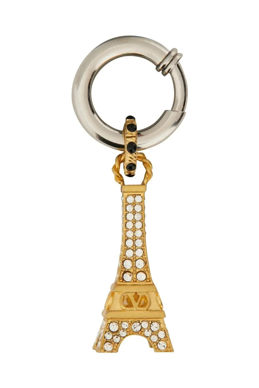 Valentino men’s mono earring chez valentine gold featuring a gold-colored eiffel tower keychain with clear crystals and silver ring