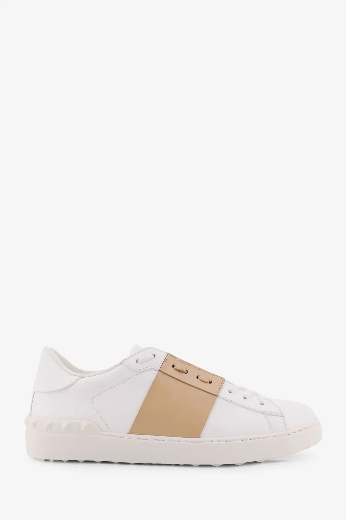 Valentino men’s open leather sneakers white with tan midfoot panel and textured off-white rubber sole