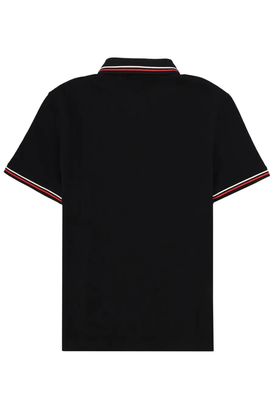 Valentino men’s black polo shirt with red and white striped trim on collar and short sleeve cuffs