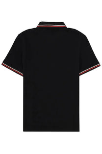 Valentino men’s black polo shirt with red and white striped trim on collar and short sleeve cuffs