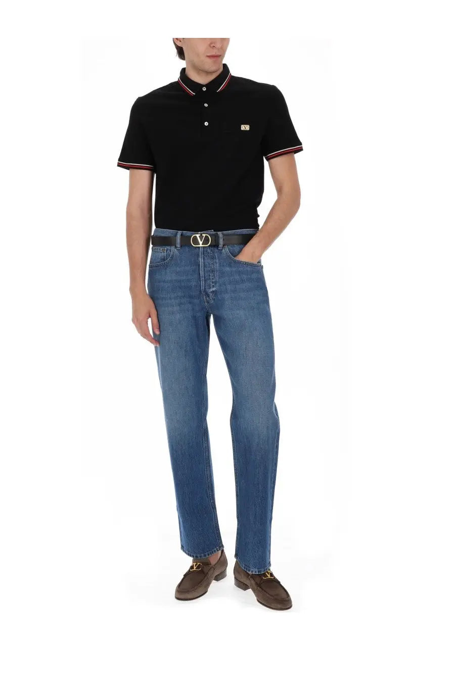 Valentino men’s black short-sleeved polo with red and white collar and cuff trim and embroidered chest logo