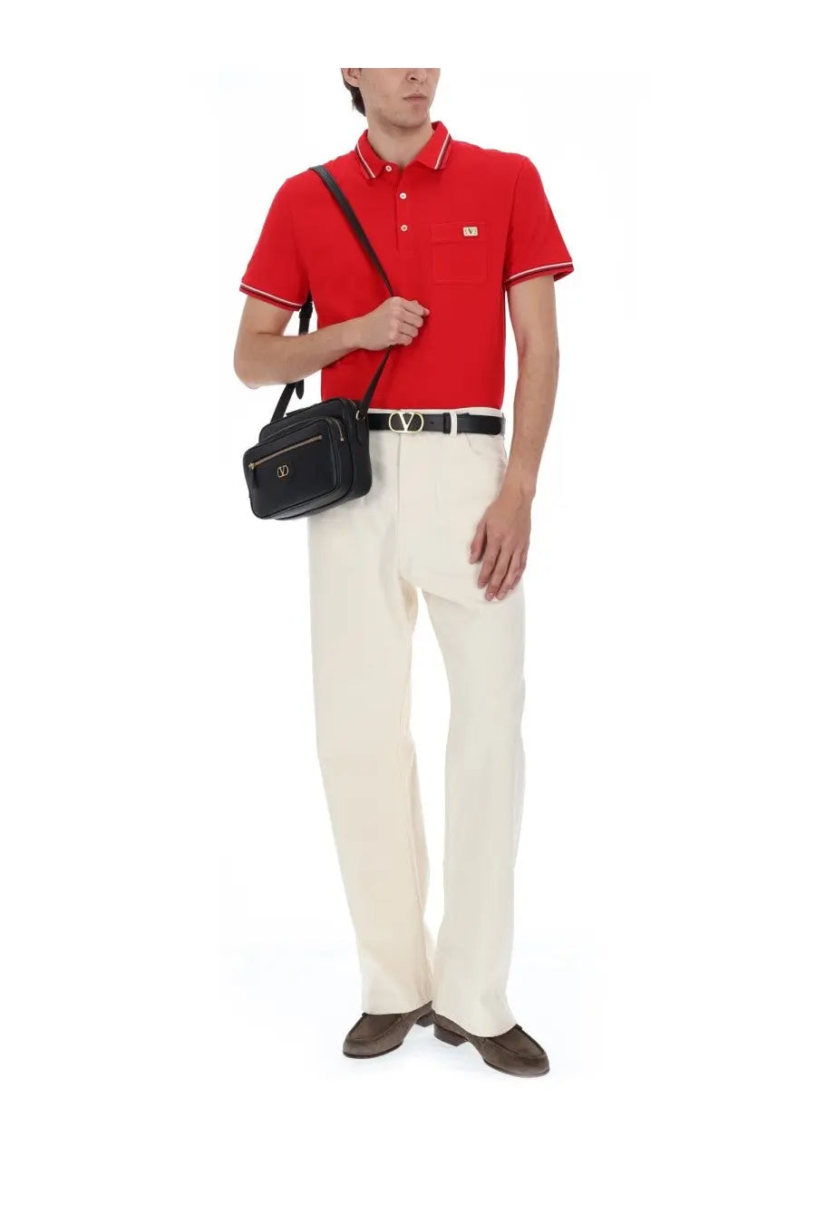Black leather crossbody bag with gold-tone logo and adjustable strap for men by valentino polo con patch red collection