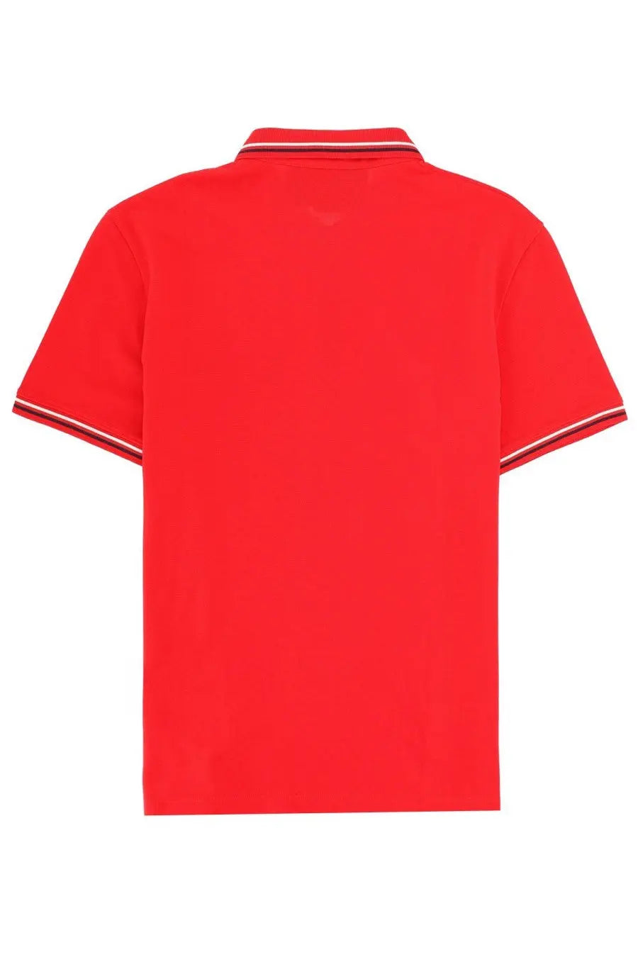 Valentino men’s bright red polo shirt with collar and sleeve cuffs accented by thin white and black stripes