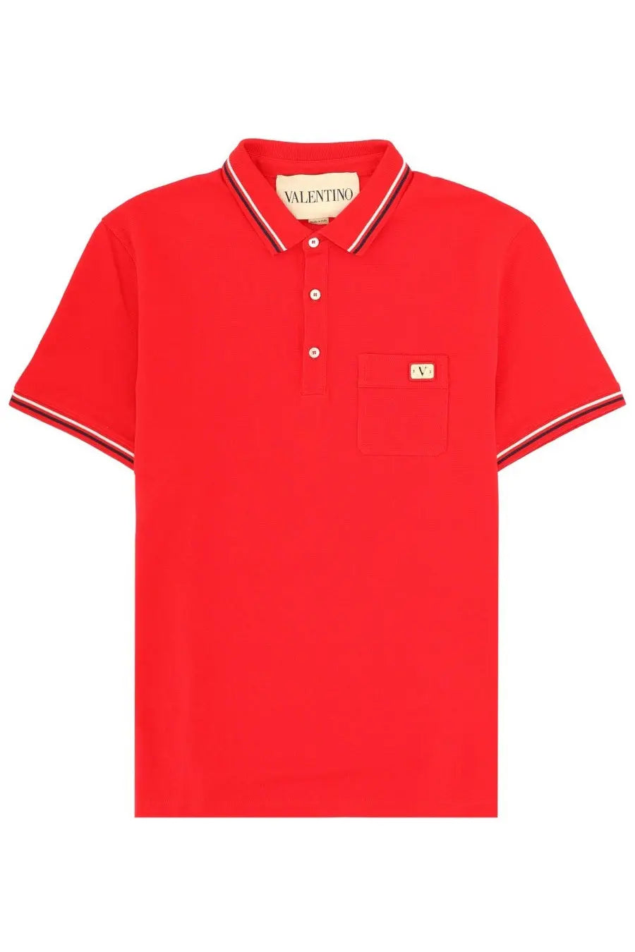 Valentino men’s red polo shirt with contrasting white and navy collar trim and embroidered v patch on chest pocket