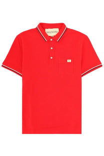 Valentino men’s red polo shirt with contrasting white and navy collar trim and embroidered v patch on chest pocket