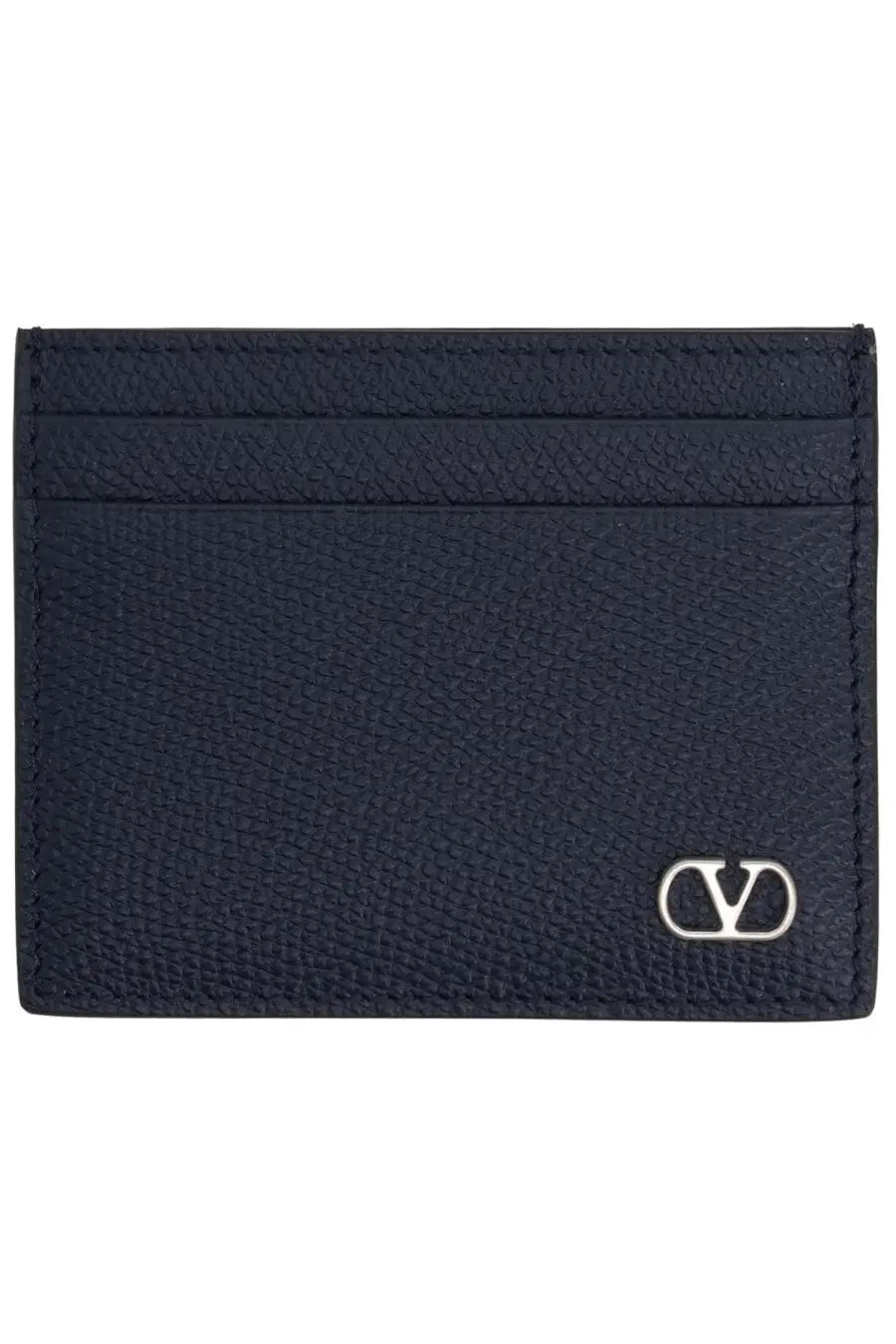 Valentino men’s portacarte vlog signature blue navy blue textured leather card holder with silver-tone vlogo emblem