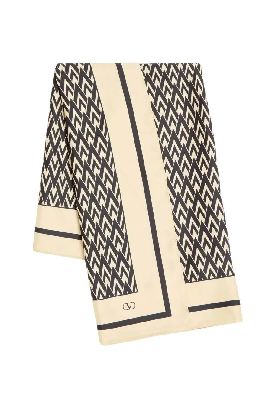Valentino men’s printed silk scarf in cream with black zigzag pattern and bold border stripes yellow accent