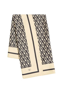 Valentino men’s printed silk scarf in cream with black zigzag pattern and bold border stripes yellow accent