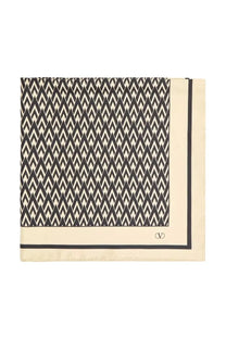Valentino men’s printed silk scarf yellow with cream silk pocket square featuring black geometric zigzag pattern and logo