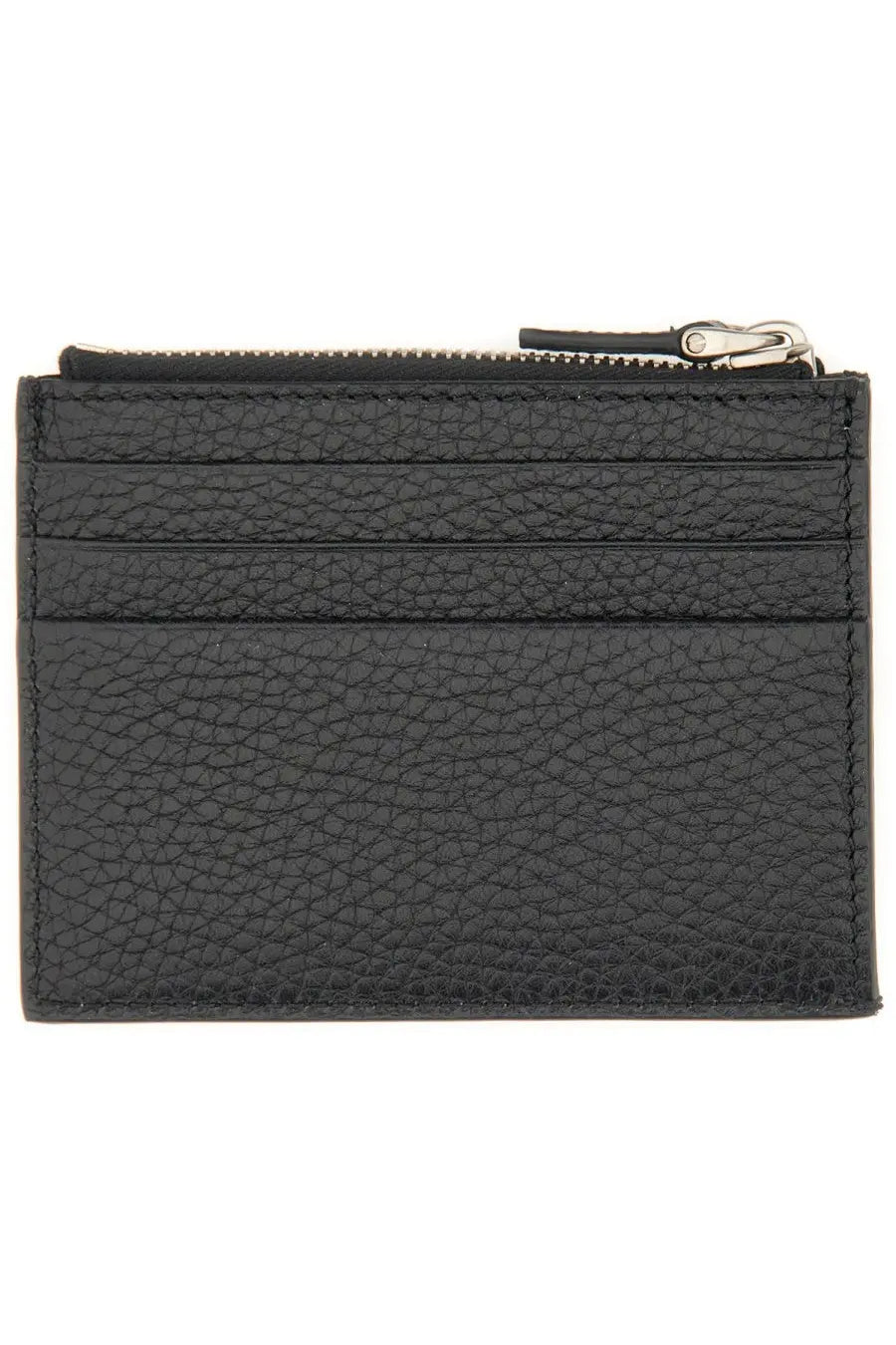 Valentino men’s rockstud black card holder made of textured leather with a silver zipper pull