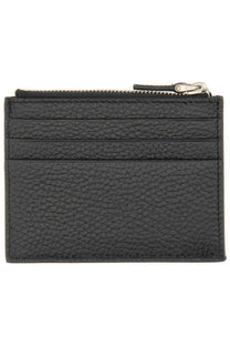 Valentino men’s rockstud black card holder made of textured leather with a silver zipper pull