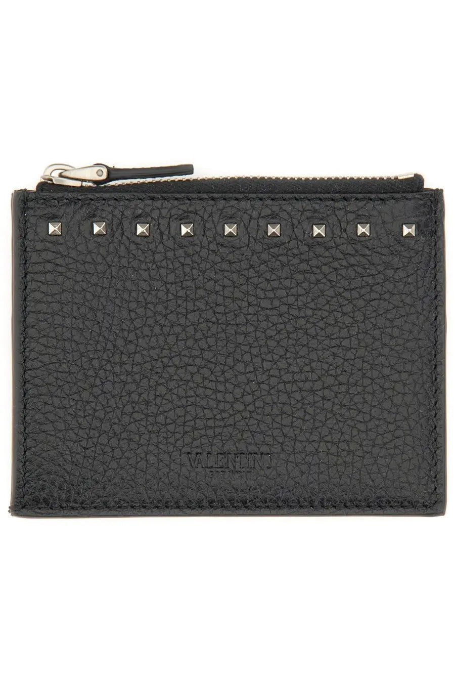 Valentino men’s black leather card holder with silver-toned rockstuds and matching zipper pull