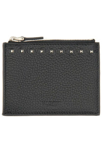 Valentino men’s rockstud black leather card holder with silver-toned studs and matching zipper pull