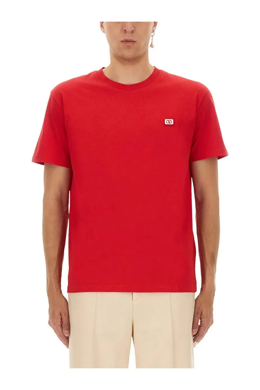 Valentino men’s red t-shirt with a small embroidered logo on the left chest in soft cotton material