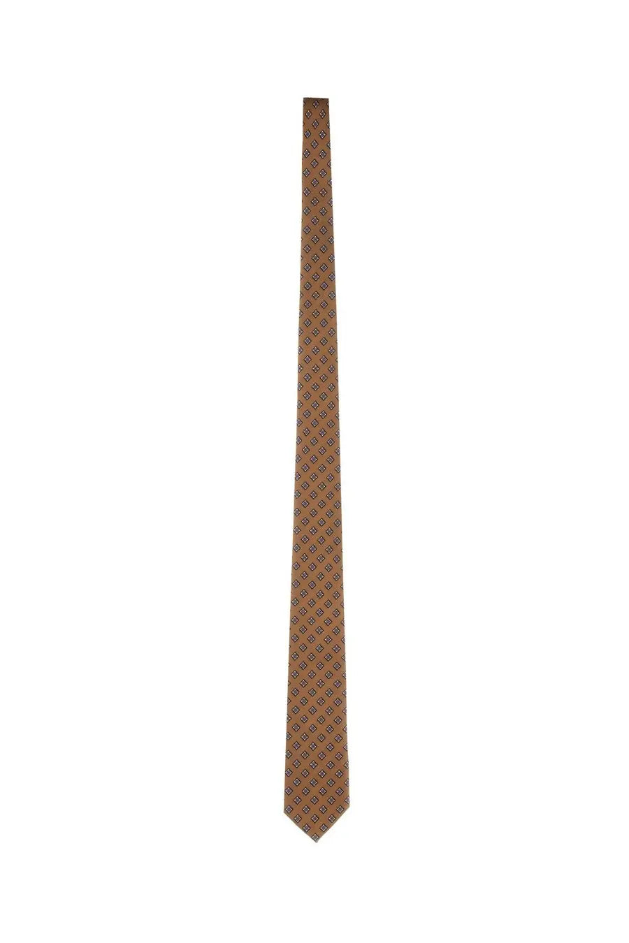 Valentino men’s silk beige tie with a subtle brown geometric pattern perfect for formal occasions