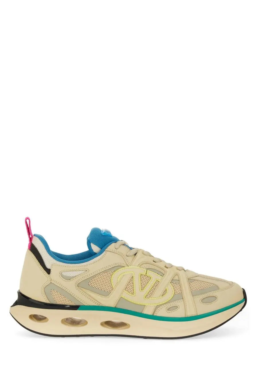 Valentino men’s sneaker low top white with beige and teal mesh upper black rubber sole and pink pull tab
