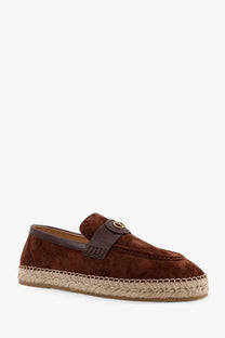 Valentino men’s brown suede espadrille loafer with gold-tone logo buckle and braided jute sole