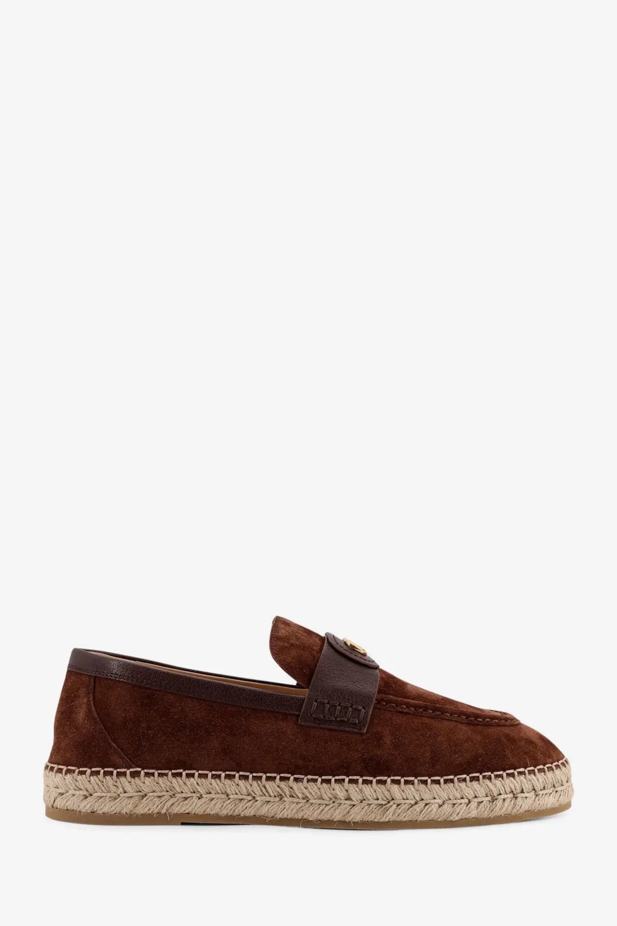Valentino men’s brown suede espadrilles loafers with woven jute sole and dark brown leather strap detail