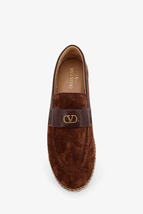 Valentino men’s brown suede espadrilles with a dark brown leather strap and gold-tone Vlogo detail