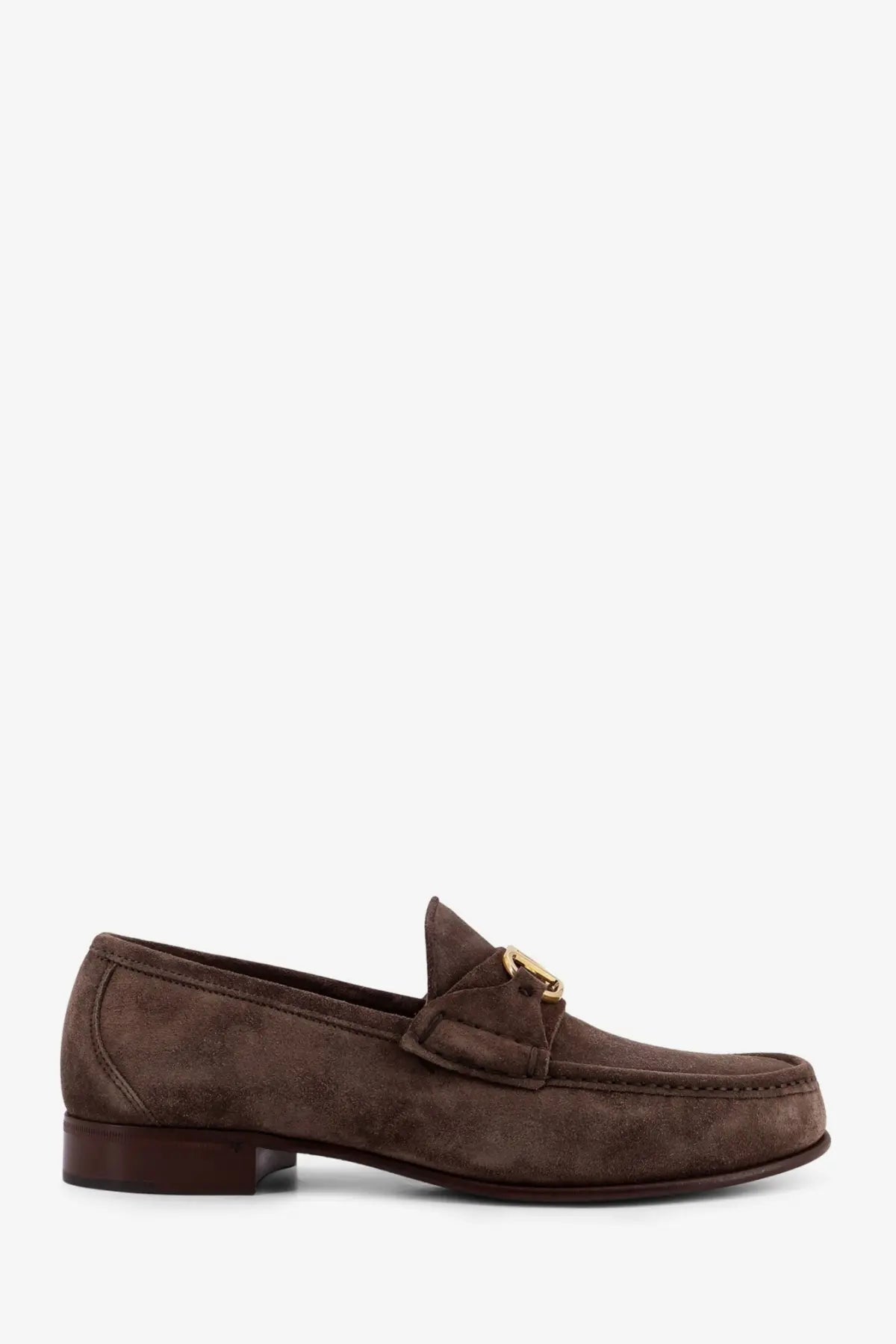 Valentino men’s brown suede loafer with a gold-tone horsebit buckle in a classic slip-on design