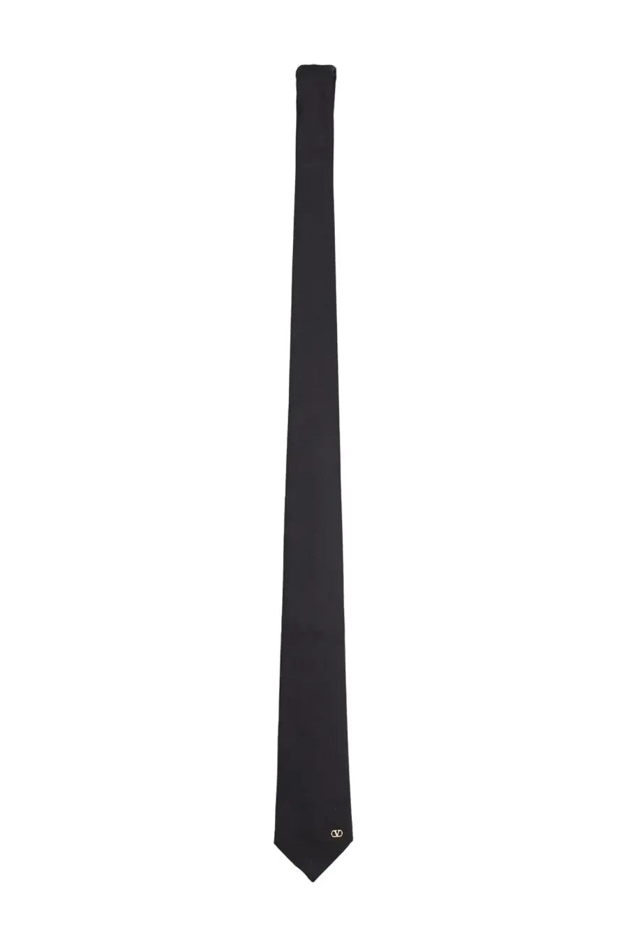 Valentino men’s black silk tie with a subtle minimalist logo embroidered near the tip