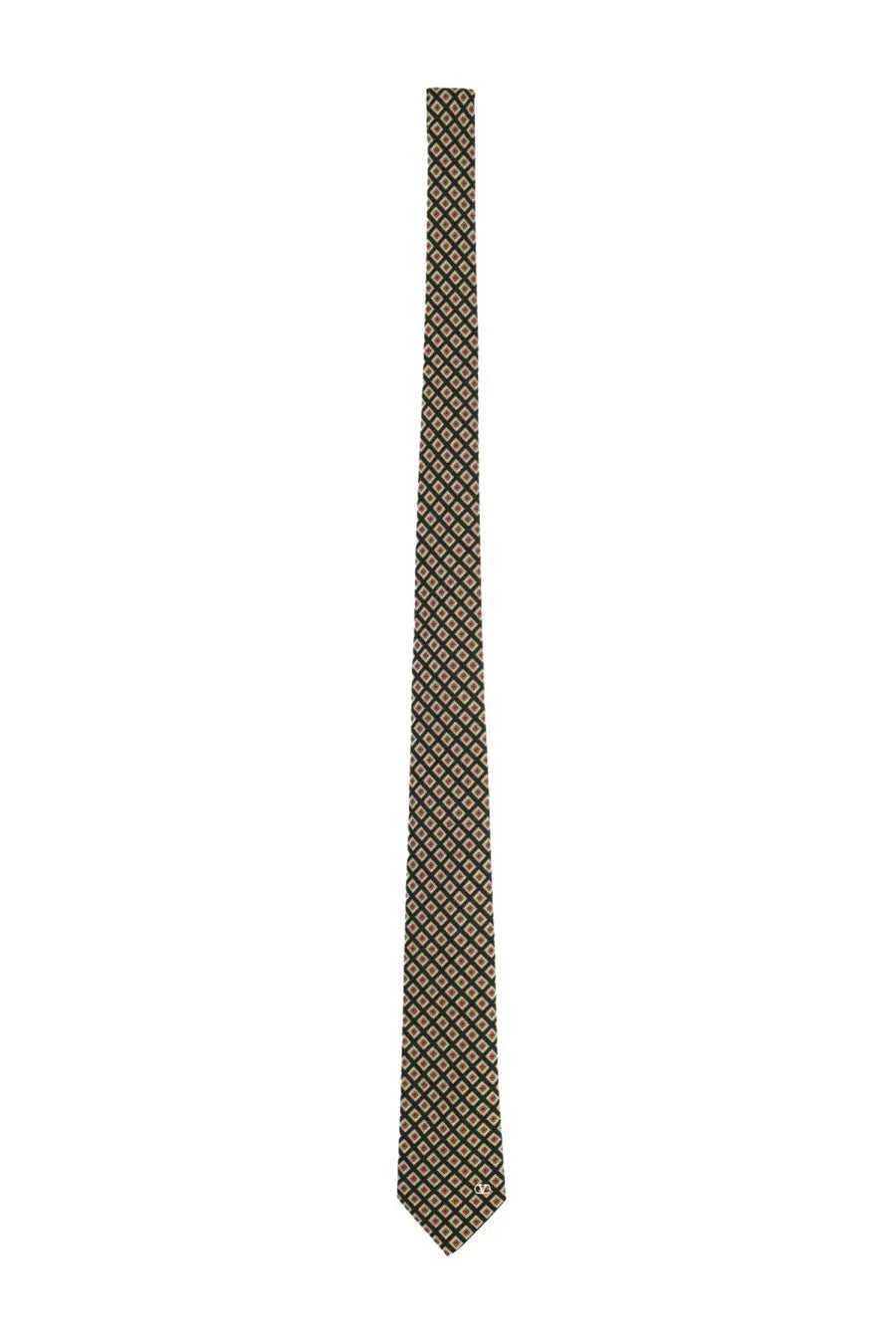 Valentino men’s dark green silk tie with subtle geometric interlocking diamond pattern in muted gold and beige tones