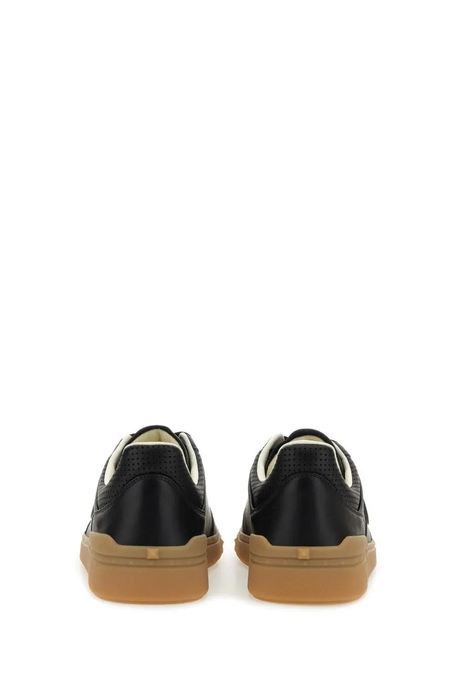 Valentino men’s upvillage sneaker black leather with tan rubber sole and perforated detailing