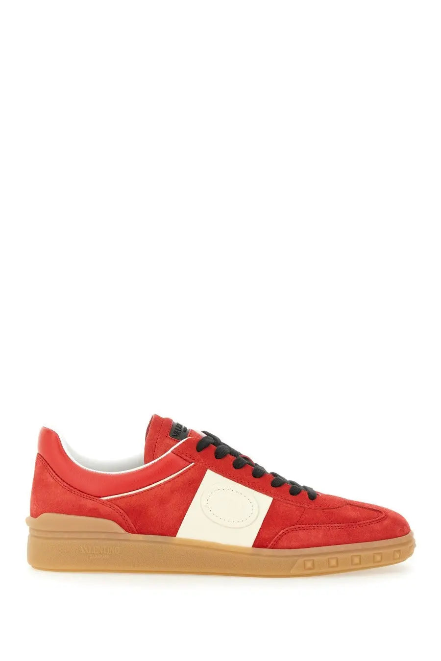 Valentino men’s upvillage sneaker red with red suede low top design cream panel black laces and gum rubber sole
