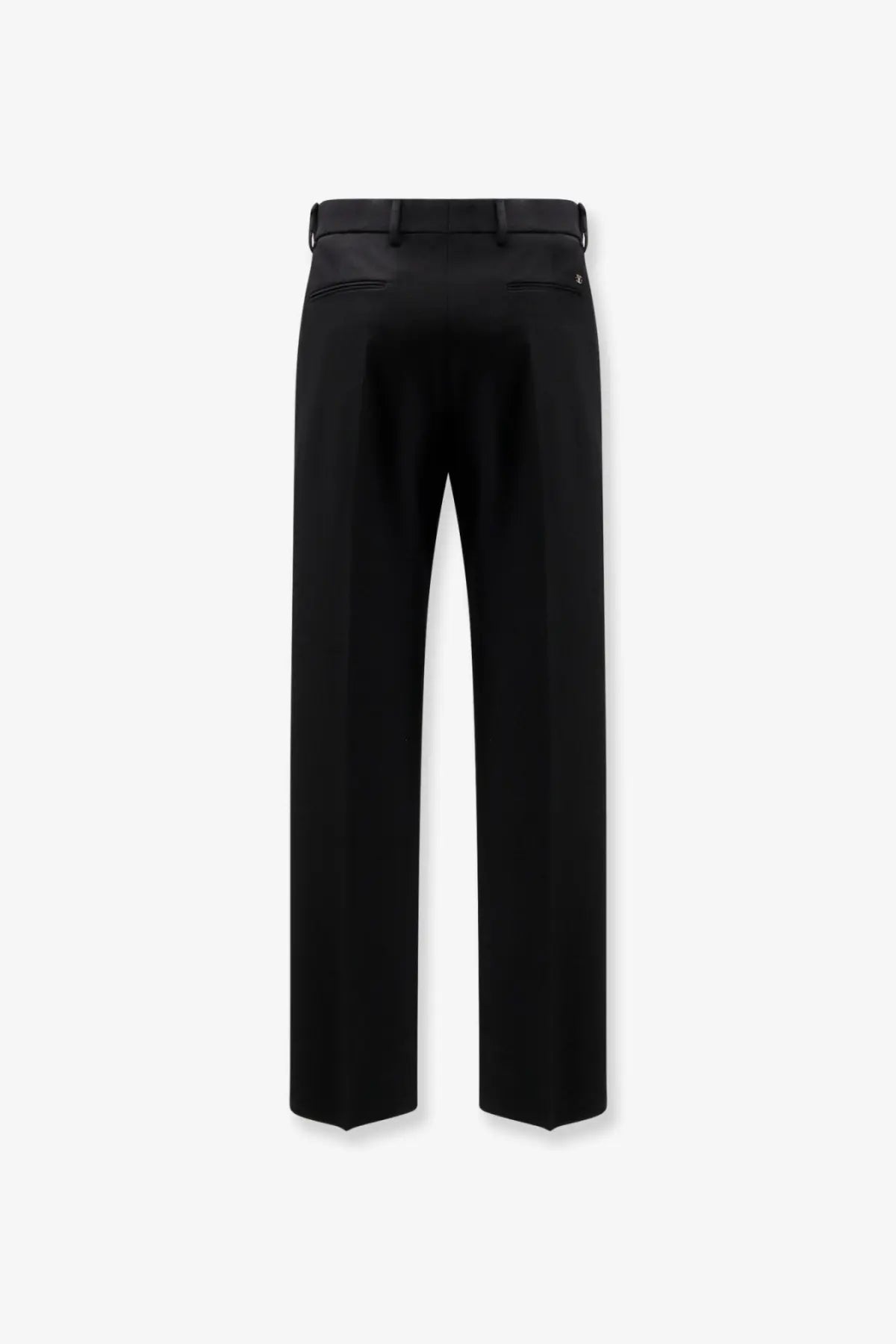 Black tailored valentino men’s virgin wool trousers with sleek straight-leg cut and subtle back pleats shown from the back