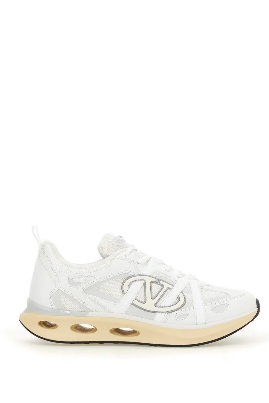 Valentino men’s vlogo easyjog sneaker white with translucent mesh upper silver logo and beige midsole with air pockets