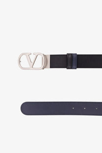 Valentino men’s Vlogo leather reversible belt in black with a silver-toned Vlogo buckle