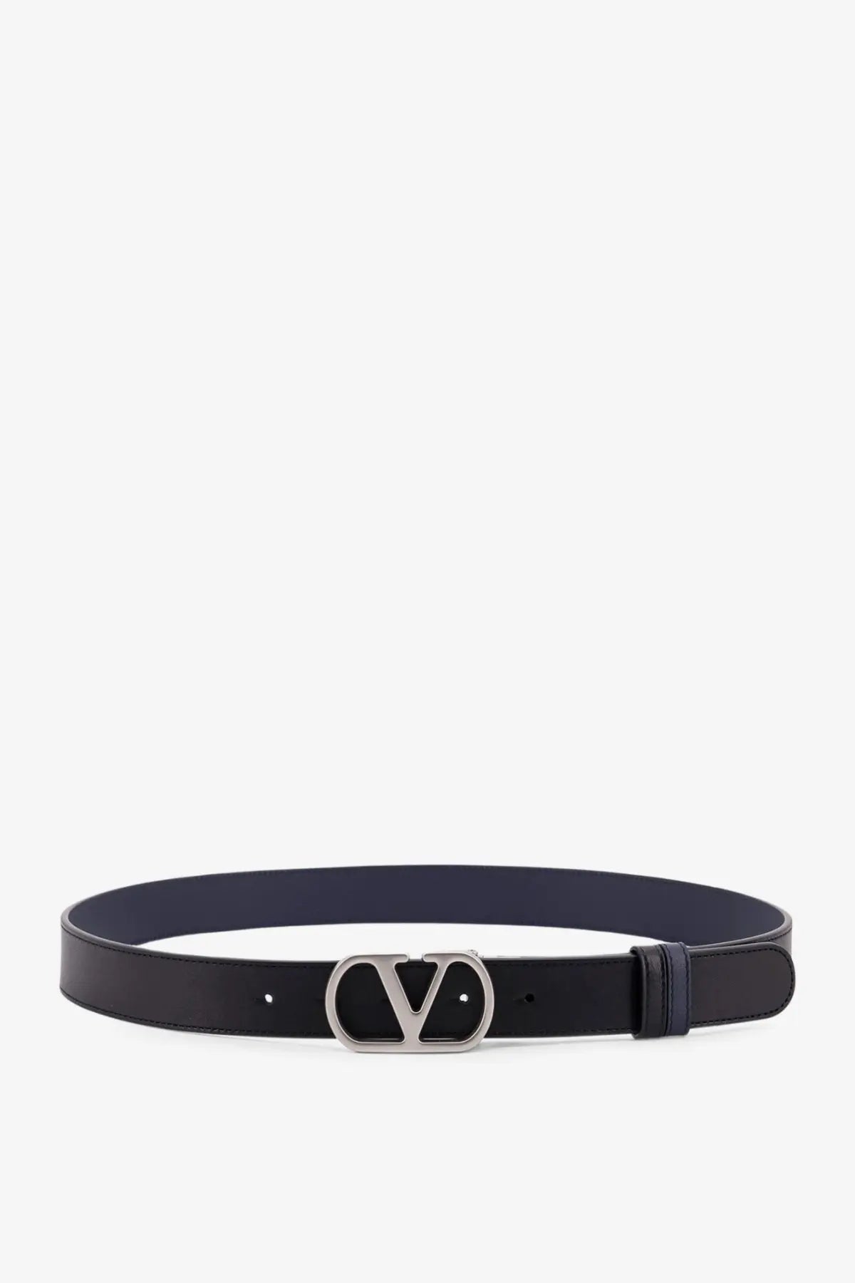 Valentino men’s vlogo black leather belt with silver toned vlogo buckle reversible design for versatile wear
