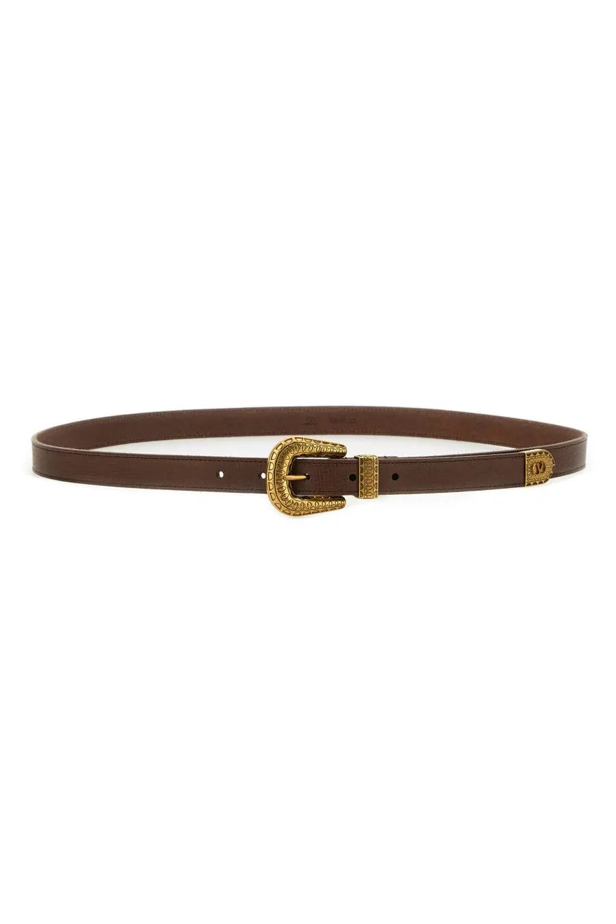 Valentino men’s vlogo signature brown leather belt with gold-toned ornate buckle and matching metallic accents